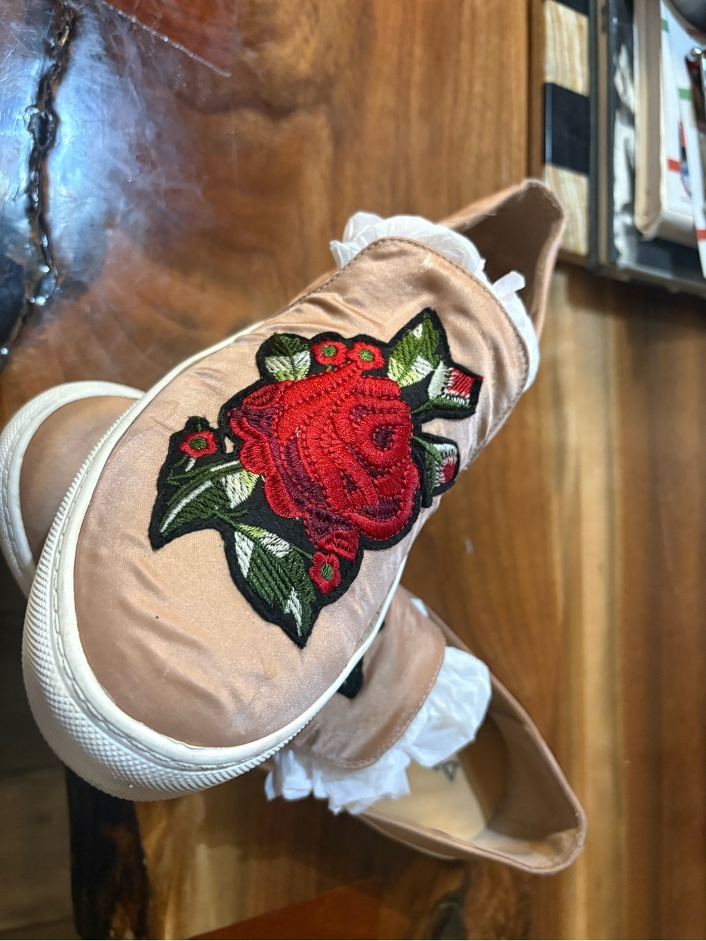 Dirty Laundry Blush Satin Slip-On Mules with Red Rose Embroidery